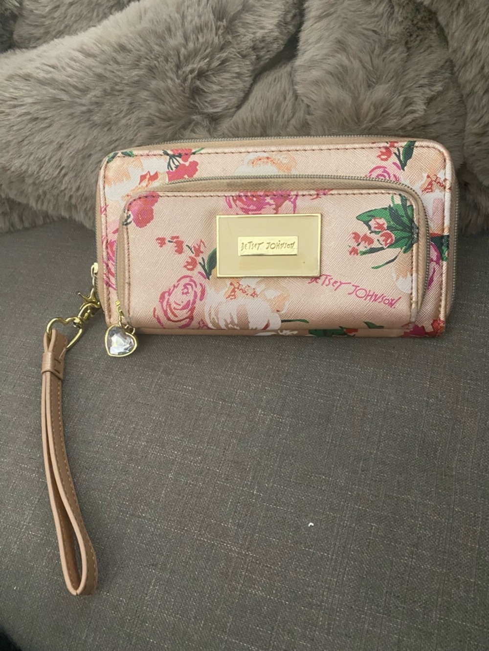 Betsey Johnson Pink Floral Wristlet Clutch with Gold Accent